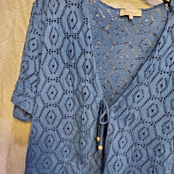 Malva 100% cotton blue short‎ sleeve lace tie jacket plus size XXL - Picture 3 of 7